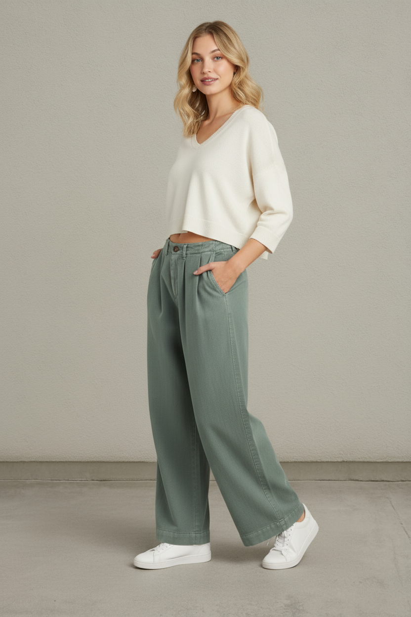 Pleated Mid- Rise Wide Leg Pants