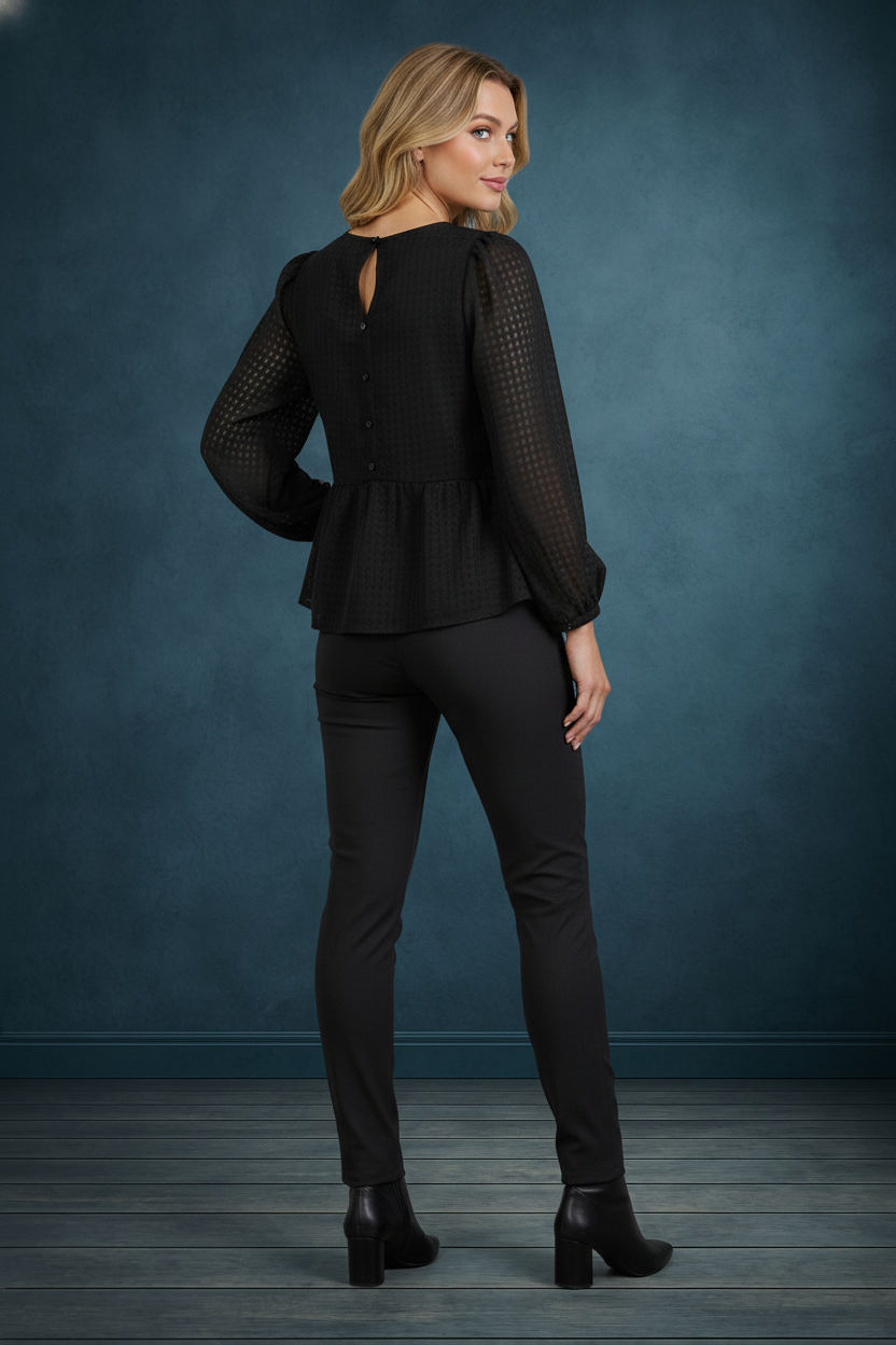 MOONLIT GAZE PEPLUM BLACK BABY DOLL BLOUSE