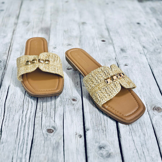 CUBIC EMBELLISHED RAFFIA UPPER SANDALS