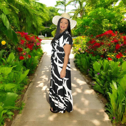 Black & White Crossover Top Floral Long Dress With Tie Belt