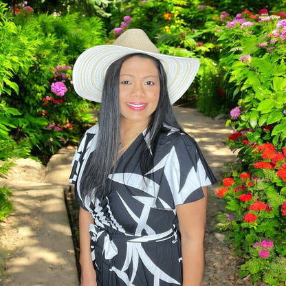 Black & White Crossover Top Floral Long Dress With Tie Belt