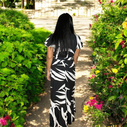 Black & White Crossover Top Floral Long Dress With Tie Belt