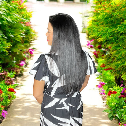 Black & White Crossover Top Floral Long Dress With Tie Belt