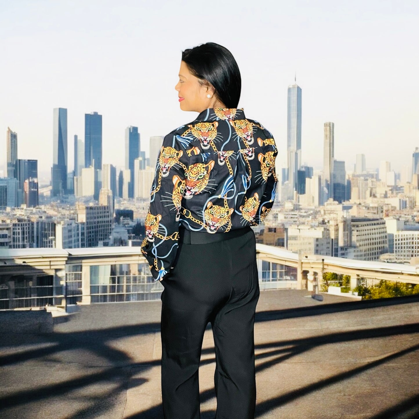 Black Leopard Animal Print button down Blouse