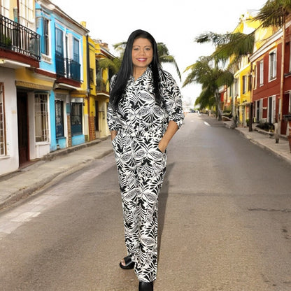 Black & White Botanical Button Down Top Wide Leg Two-Piece Set