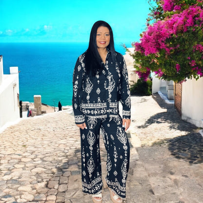 Black Paisley Button Down Top Wide Leg Two-Piece Set