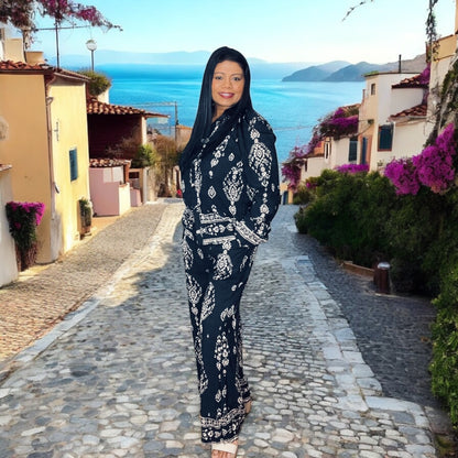Black Paisley Button Down Top Wide Leg Two-Piece Set