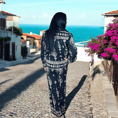 Black Paisley Button Down Top Wide Leg Two-Piece Set