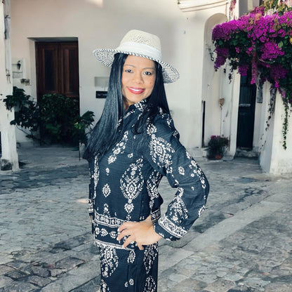 Black Paisley Button Down Top Wide Leg Two-Piece Set