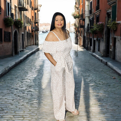 Open Shoulder Floral Jumpsuit With Tie Belt