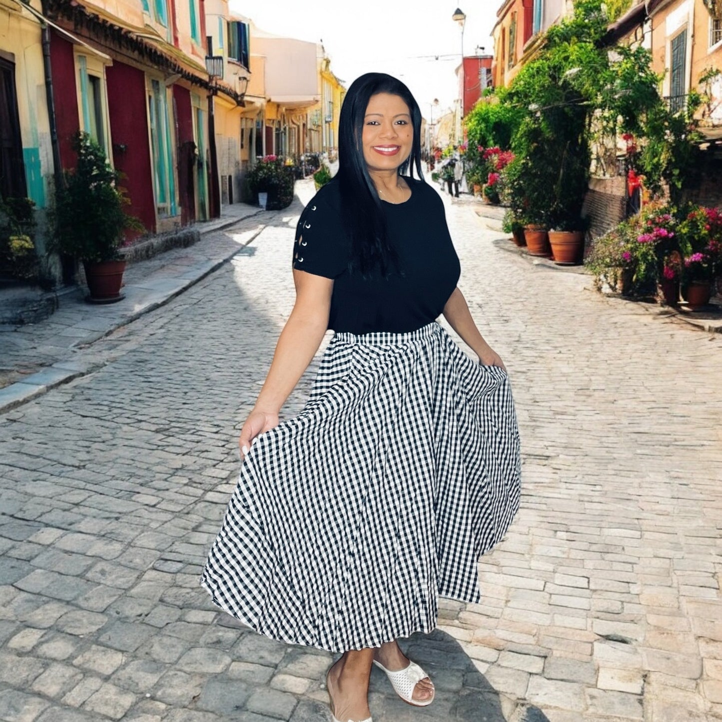 Black & White Gingham Midi Skirt