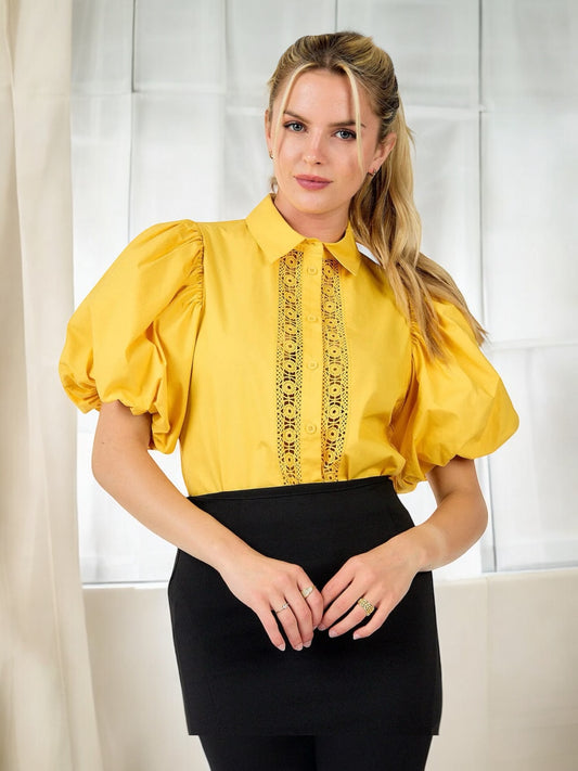 YELLOW SHORT PUFF SLEEVE BUTTON UP CROCHET DETAILED BLOUSE