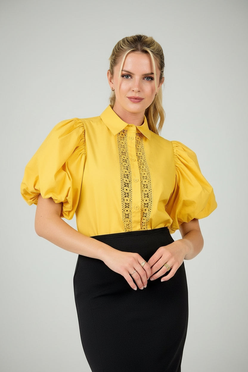 GOLDEN HOUR YELLOW PUFF SLEEVE CROCHET DETAILED BLOUSE