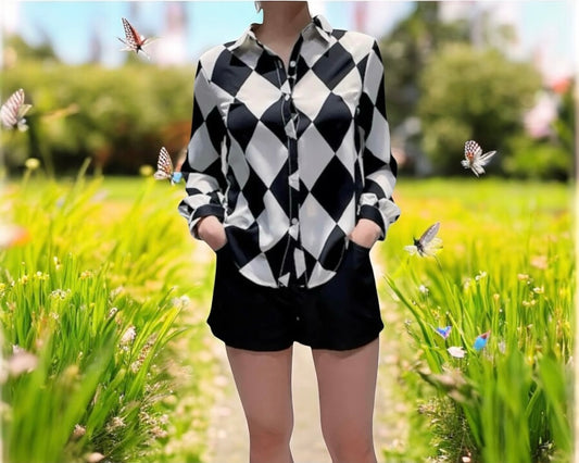 Black/ White Diamond Shape Long Sleeve  Button Down Blouse