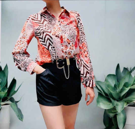 Pink/ Red Long Sleeve Animal Print Button Down Blouse