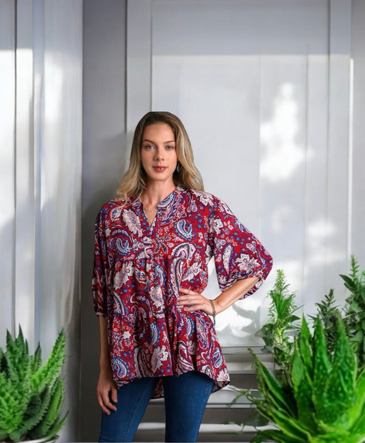 Wine Color Mix PaisleyTiered 3/4 Sleeve Baby Doll  Tunic Top