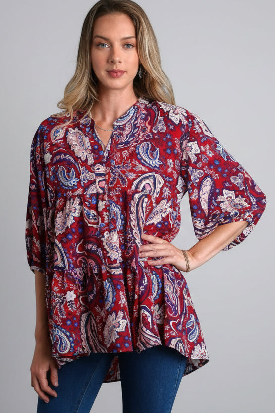 Wine Color Mix PaisleyTiered 3/4 Sleeve Baby Doll  Tunic Top