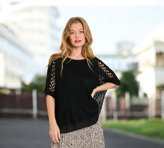 Black Crochet Round Neck Short Sleeve Knit Pullover Top