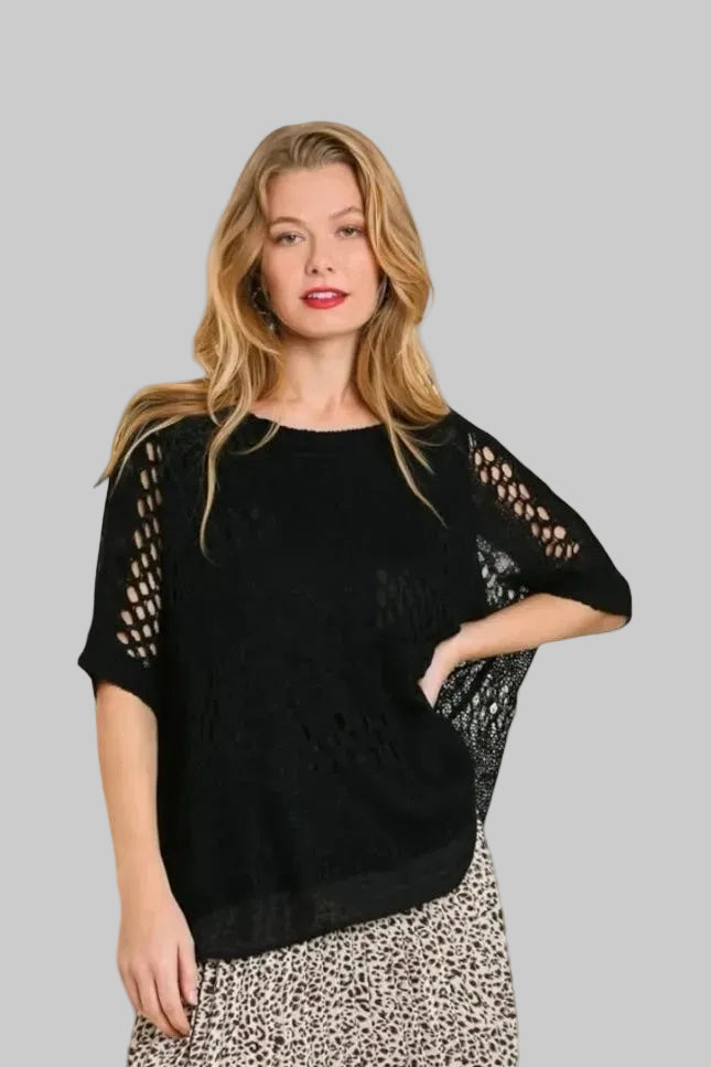 WOVEN CHARM BLACK CROCHET ROUND NECK PULL OVER SWEATER TOP