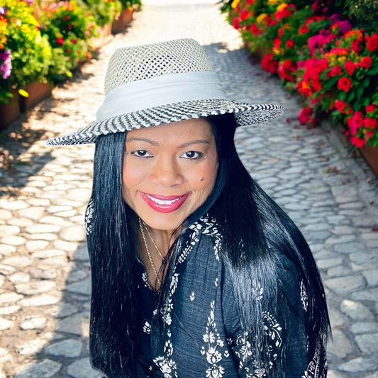 White and Black Straw Hat with White Hat Band