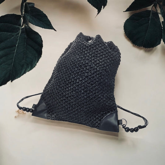 Black Straw Braided Bucket Fashion Bag