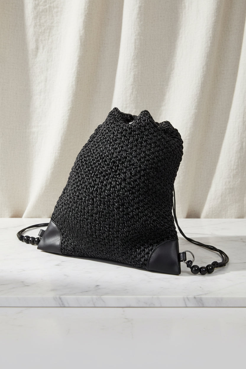 URBAN WOVEN BALCK STRAW BRAIDED BUCKET BAG