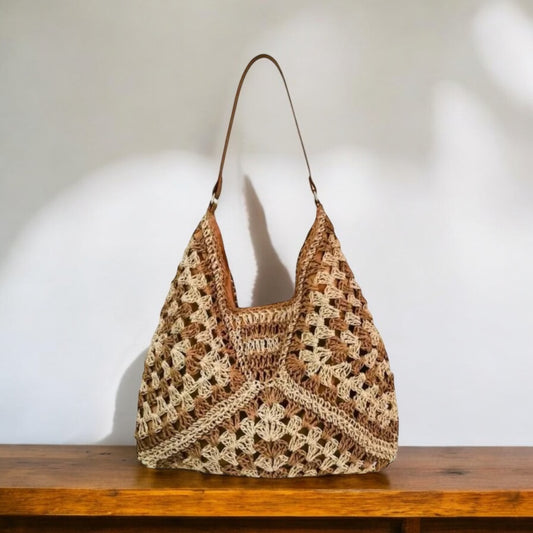 Brown & Cream Raffia Knit Shoulder Bag