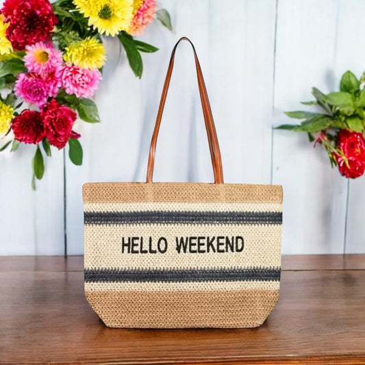 Hello Weekend Straw Braided Tote Bag