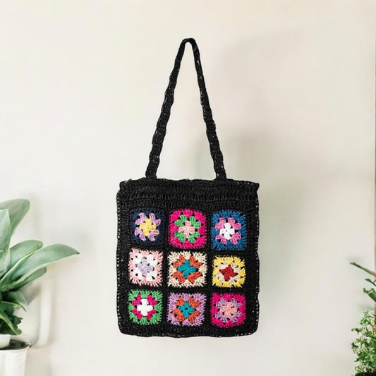 Black Straw Braided Floral Patch Tote Bag