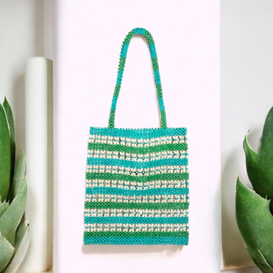 Green, Blue and White Vibrant Wooden Beaded Tote Bag