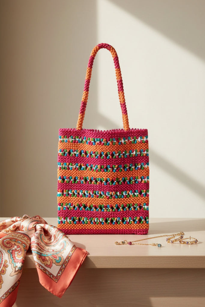 Bali wooden beaded tote bag in green, blue and white