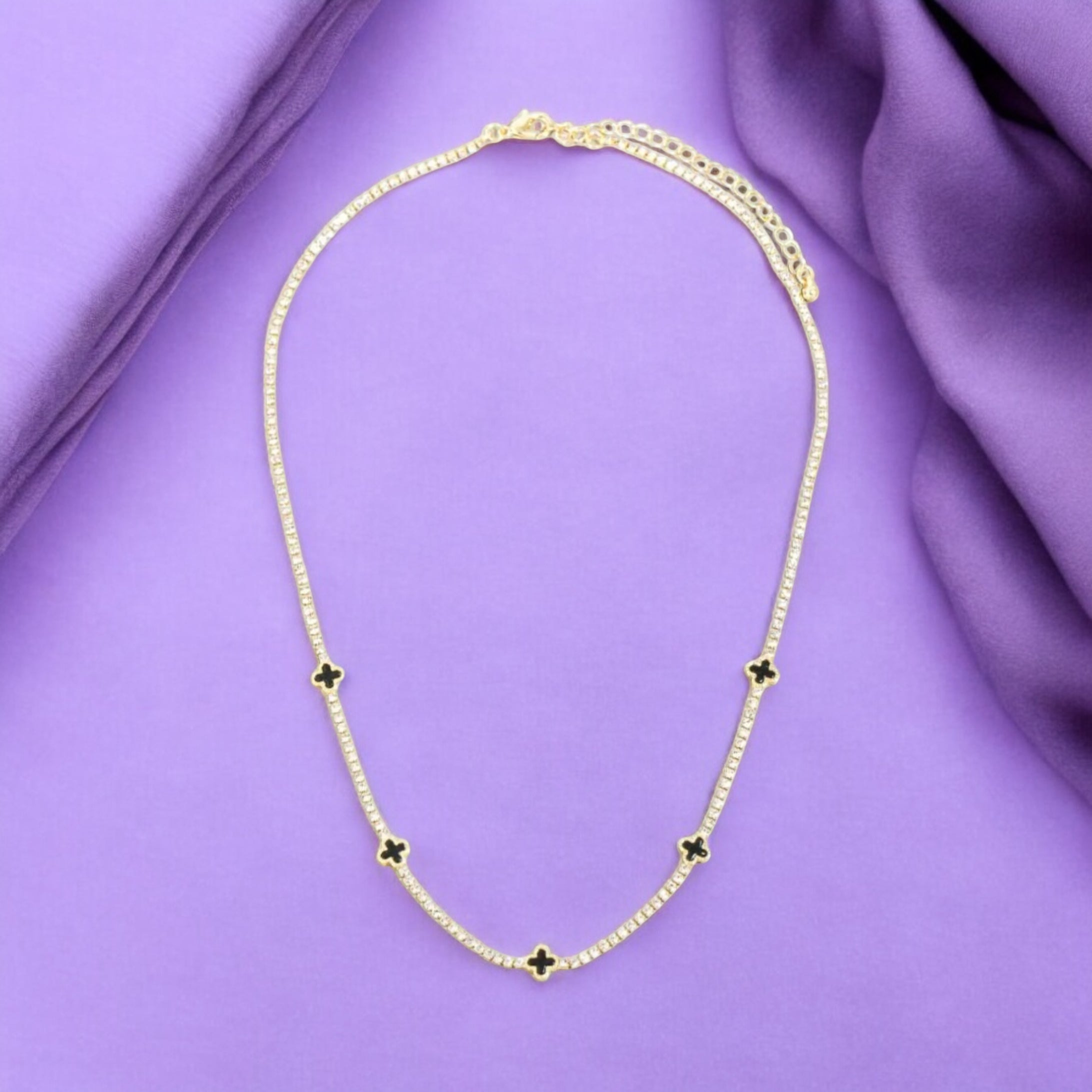 Black Shell Clover Station Charms Rhinestone Chain Necklace