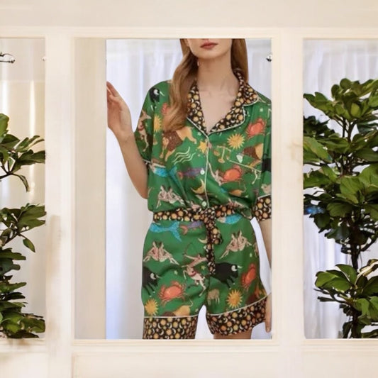 Green Moon & Star Trim Astrology Print Two Piece Pajama Set
