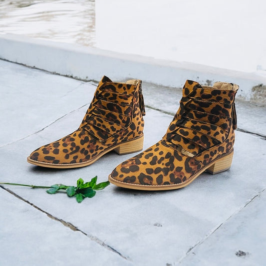 Chloe Leopard Faux Suede Print Cutout Ankle Boots