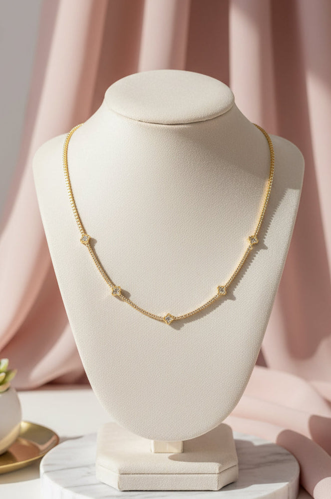 White shell clover station charms rhinestone chain necklace