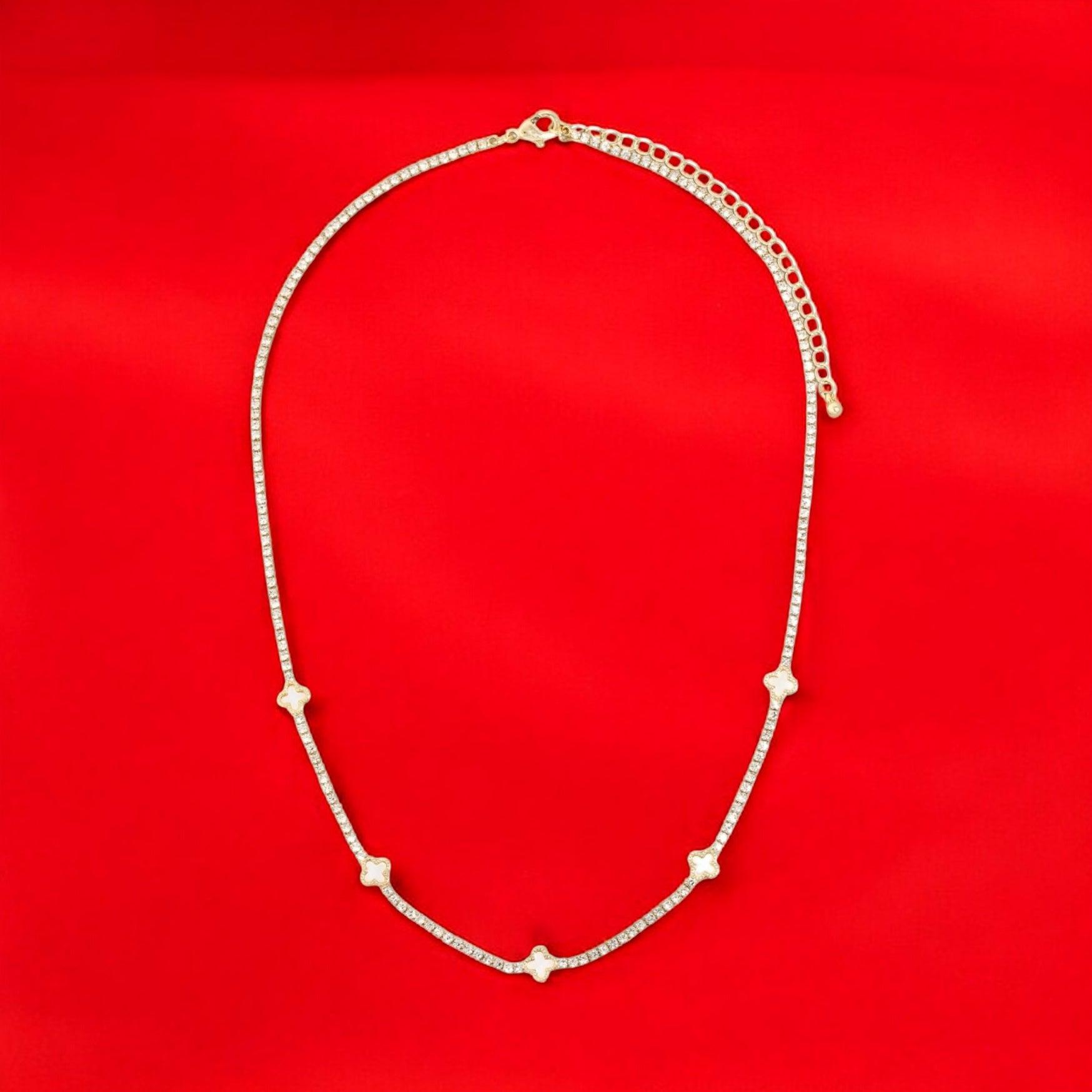 White Shell Clover Station Charms Rhinestone Chain Necklace