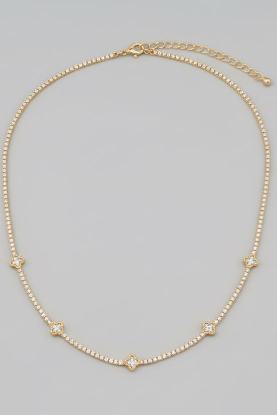 White Shell Clover Station Charms Rhinestone Chain Necklace