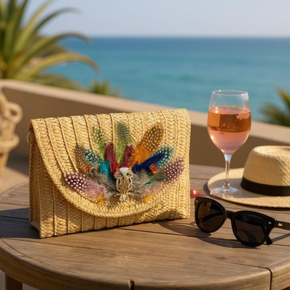 FEATHERED WHIMSY HAND DESIGNED LAYERED STRAW ENVELOPE CLUTCH/ CROSSBODY PURSE