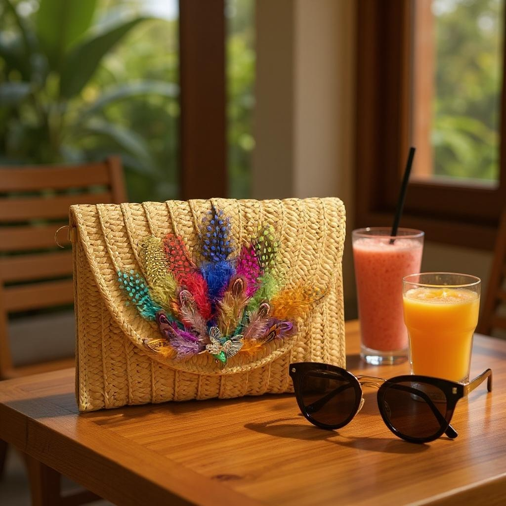 FEATHERED WHIMSY HAND DESIGNED LAYERED STRAW ENVELOPE CLUTCH/ CROSSBODY PURSE