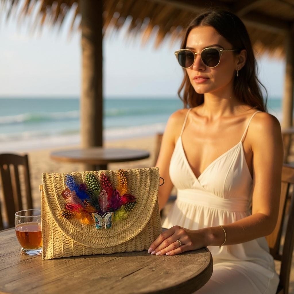 FEATHERED WHIMSY HAND DESIGNED LAYERED STRAW ENVELOPE CLUTCH/ CROSSBODY PURSE