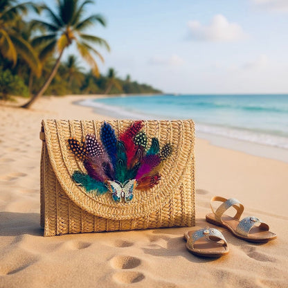 FEATHERED WHIMSY HAND DESIGNED LAYERED STRAW ENVELOPE CLUTCH/ CROSSBODY PURSE