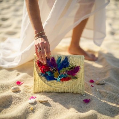 OCEAN MIRAGE HAND DESIGNED LAYERED STRAW ENVELOPE CLUTCH/ CROSSBODY PURSE