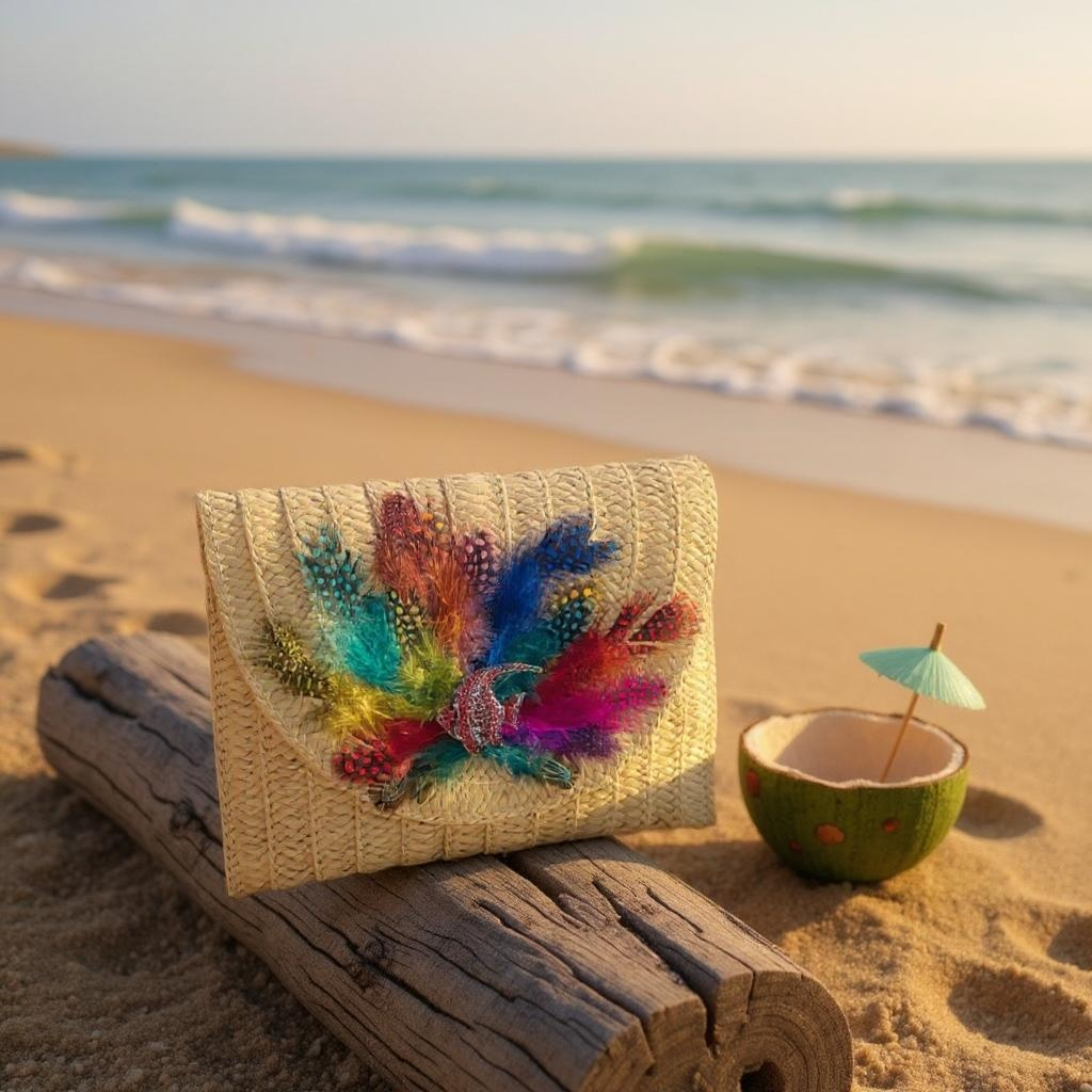 OCEAN MIRAGE HAND DESIGNED LAYERED STRAW ENVELOPE CLUTCH/ CROSSBODY PURSE