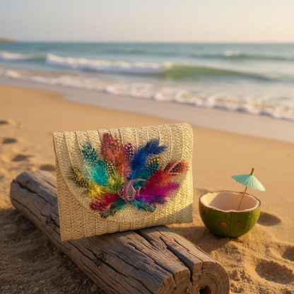 OCEAN MIRAGE HAND DESIGNED LAYERED STRAW ENVELOPE CLUTCH/ CROSSBODY PURSE