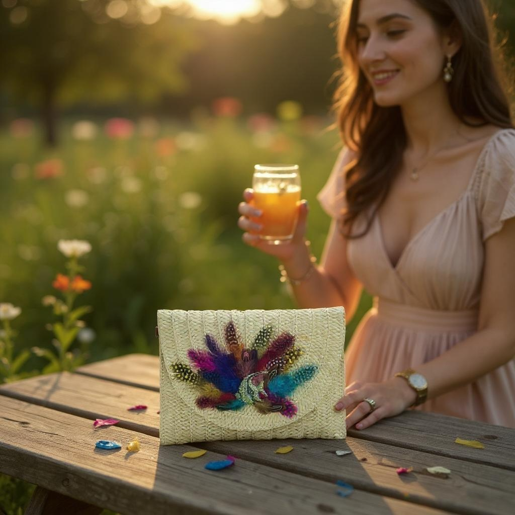 OCEAN MIRAGE HAND DESIGNED LAYERED STRAW ENVELOPE CLUTCH/ CROSSBODY PURSE