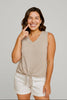 Striped tank top with tie-front detail, side view