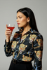 Black leopard print button-down blouse back view