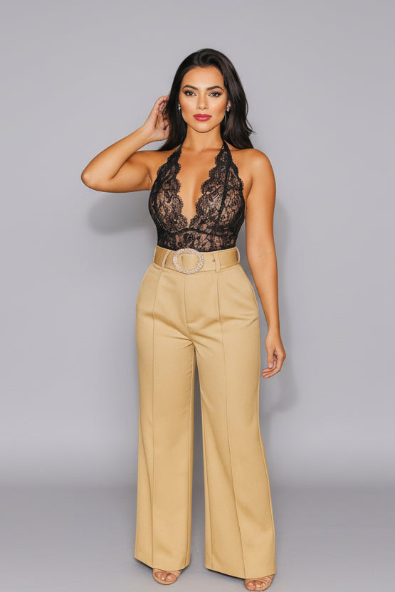 BELTED LUXE FLARE HIGH WAISTED PANTS