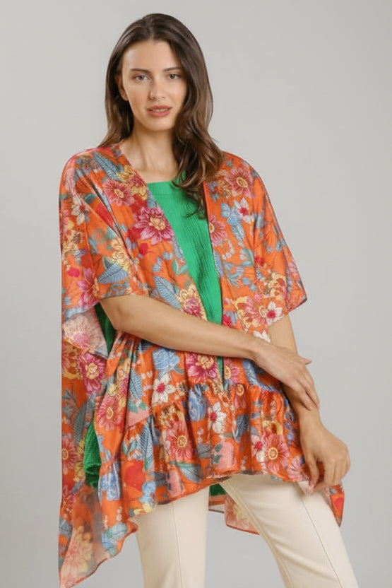 TANGERINE TROPIC BLOOM RUFFLE SLEEVE KIMONO