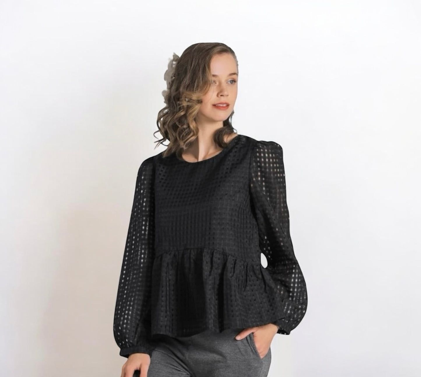 MOONLIT GAZE PEPLUM BLACK BABY DOLL BLOUSE